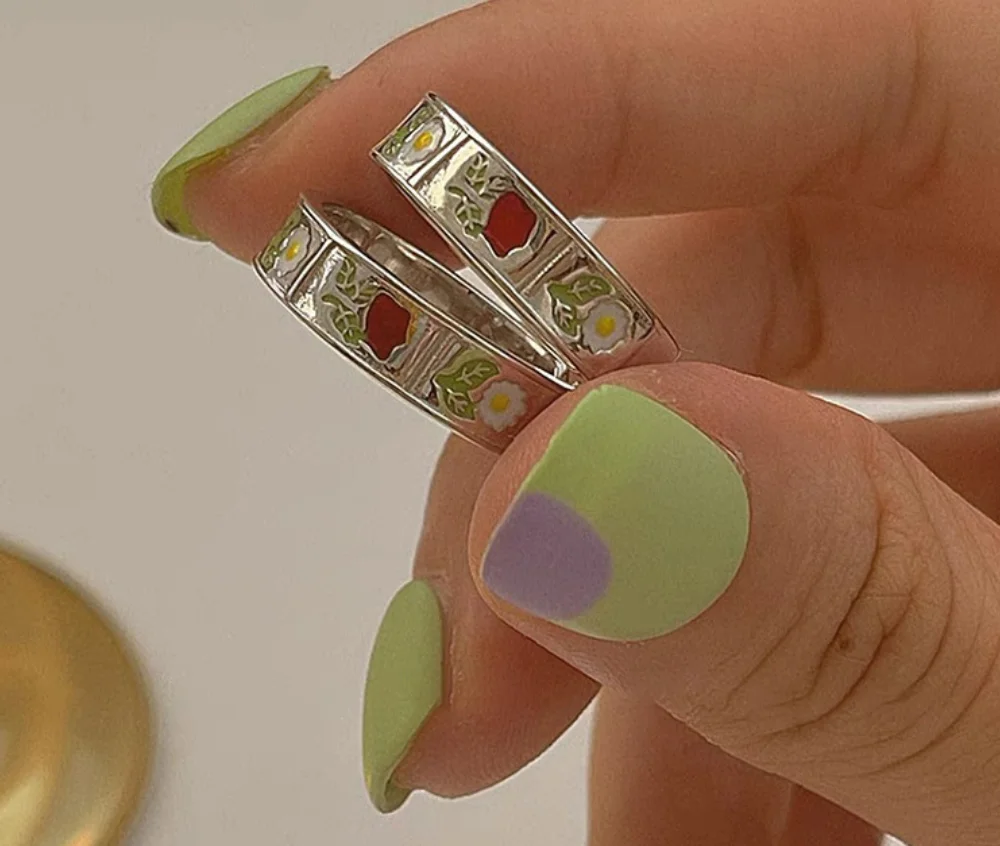 Vintage hand-painted flowers lovely drop glaze open alloy simple rings for women fashion jewelry