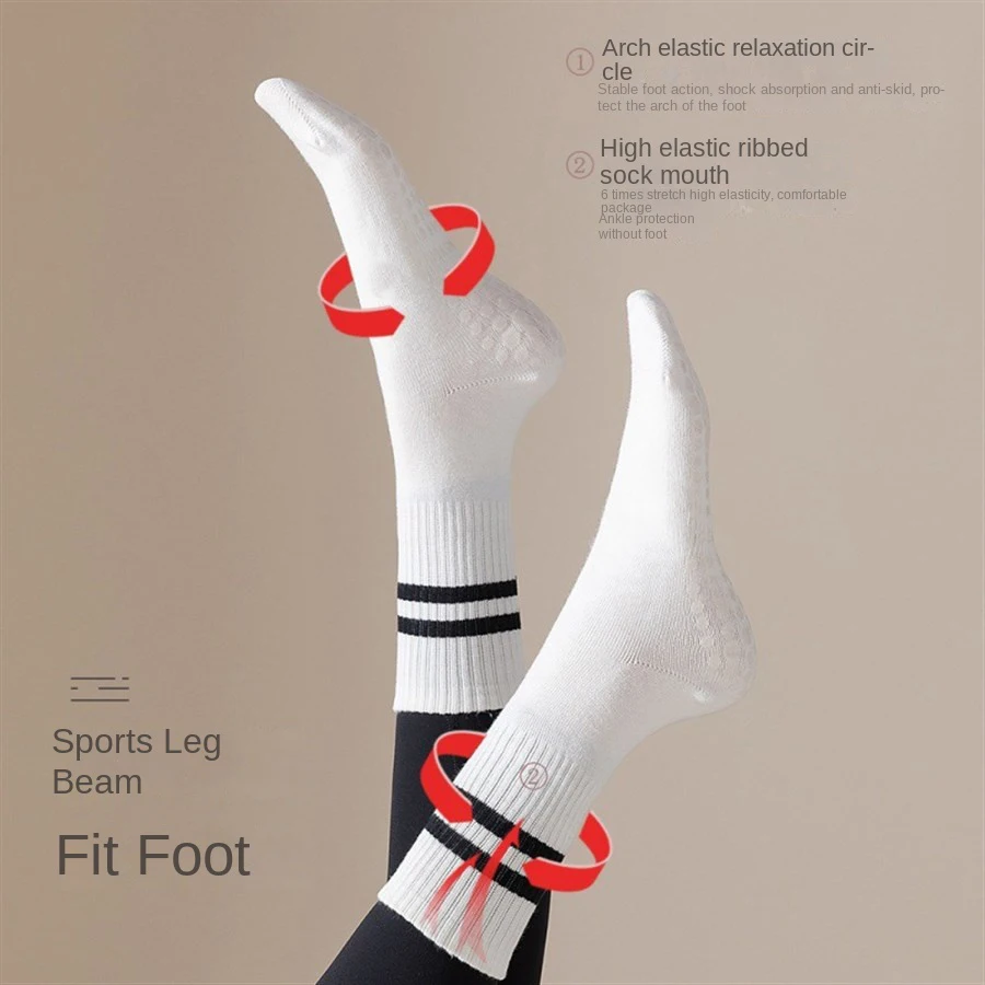 1 pair of women's yoga socks skipping rope sports socks Pilates indoor anti slip floor double bar mid leg socks