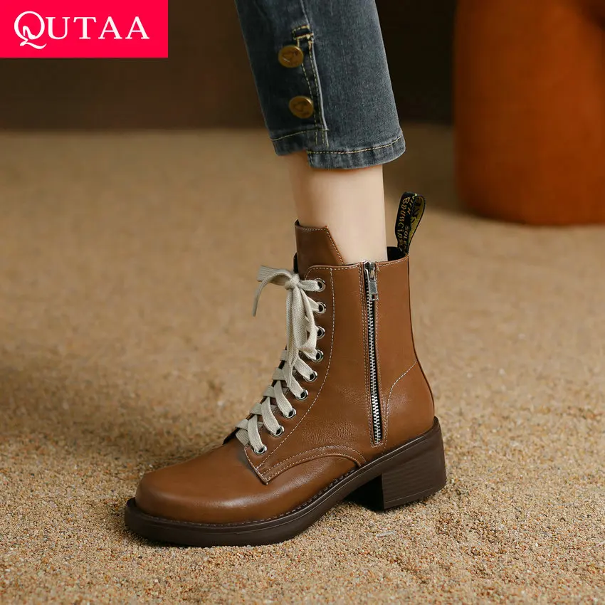 

QUTAA 2024 Thick Med Heels Women Ankle Boots Motorcycle Microfiber Autumn Winter Basic Shoes Woman Mature Office Lady Size 34-42