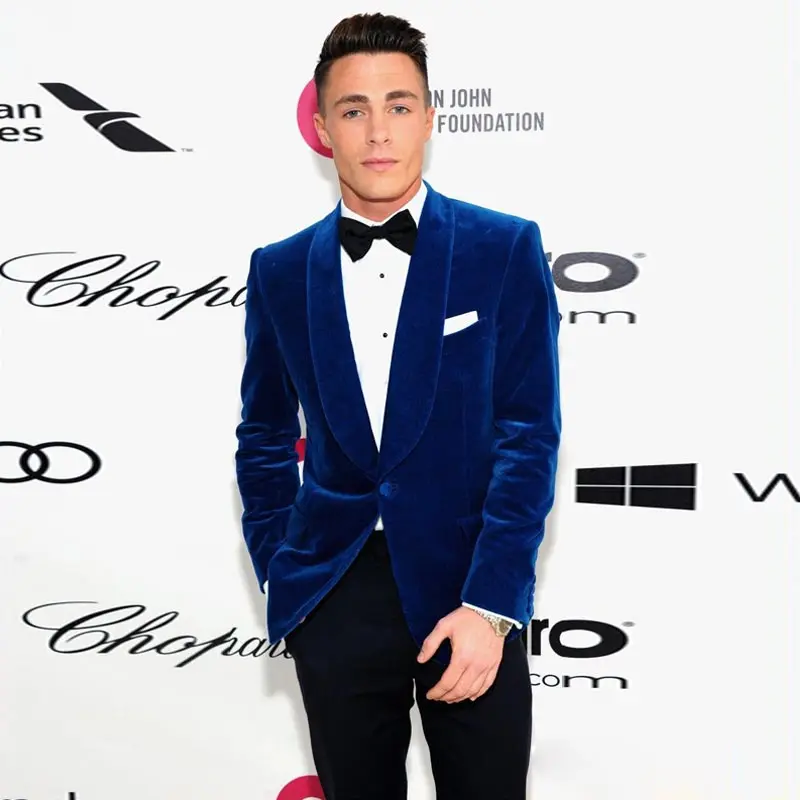 

Мужской бархатный костюм из двух предметов, темно-синий блейзер с отложным воротником и шалью, облегающая одежда для жениха, 2019