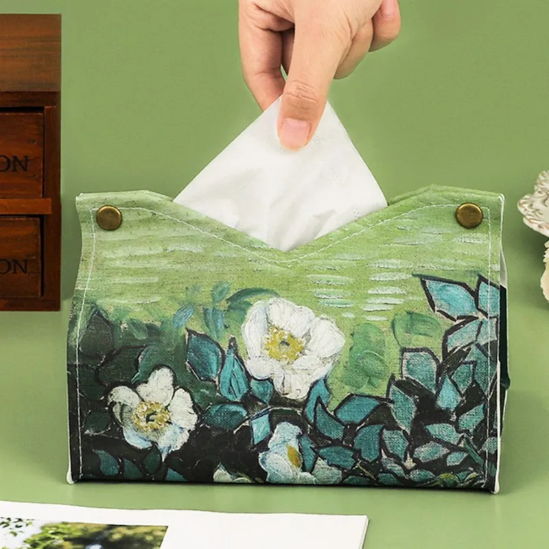 

Cute Handkerchief Box Van Gogh Tissue Box Napkin Holder Home Living Room Holder Case Creative PU Leather Paper Storage Case