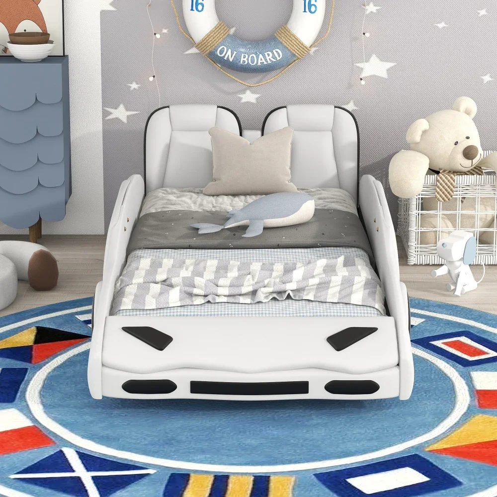4-in-1car Bed for Child,Twin Size Race Car-Shaped Platform Beds with Wheels,Bed for Boys,Girls Beds Children's Beds White/Black 2