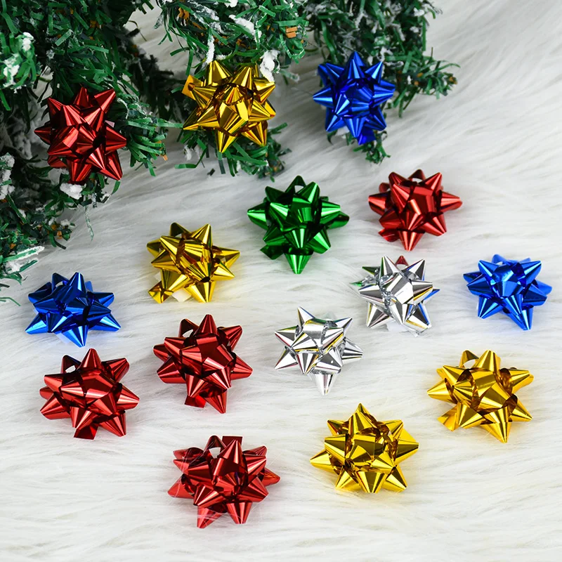 100Pcs 4cm Christmas Gift Bow Colorful Star Bows For Present Packaging Self-adhesive Ribbon Birthday Wedding Xmas Gift DIY Decor
