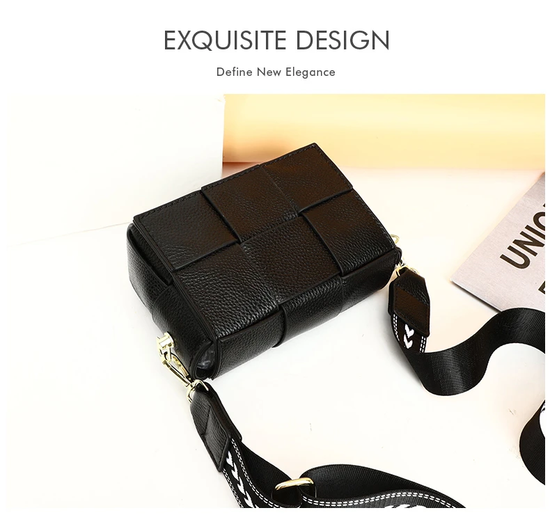 100% Cowhide Women's Shoulder Bags Genuine Leather Woven Crossbody Bags Wide Straps Messenger Bags Fashion Designer Brands Totes