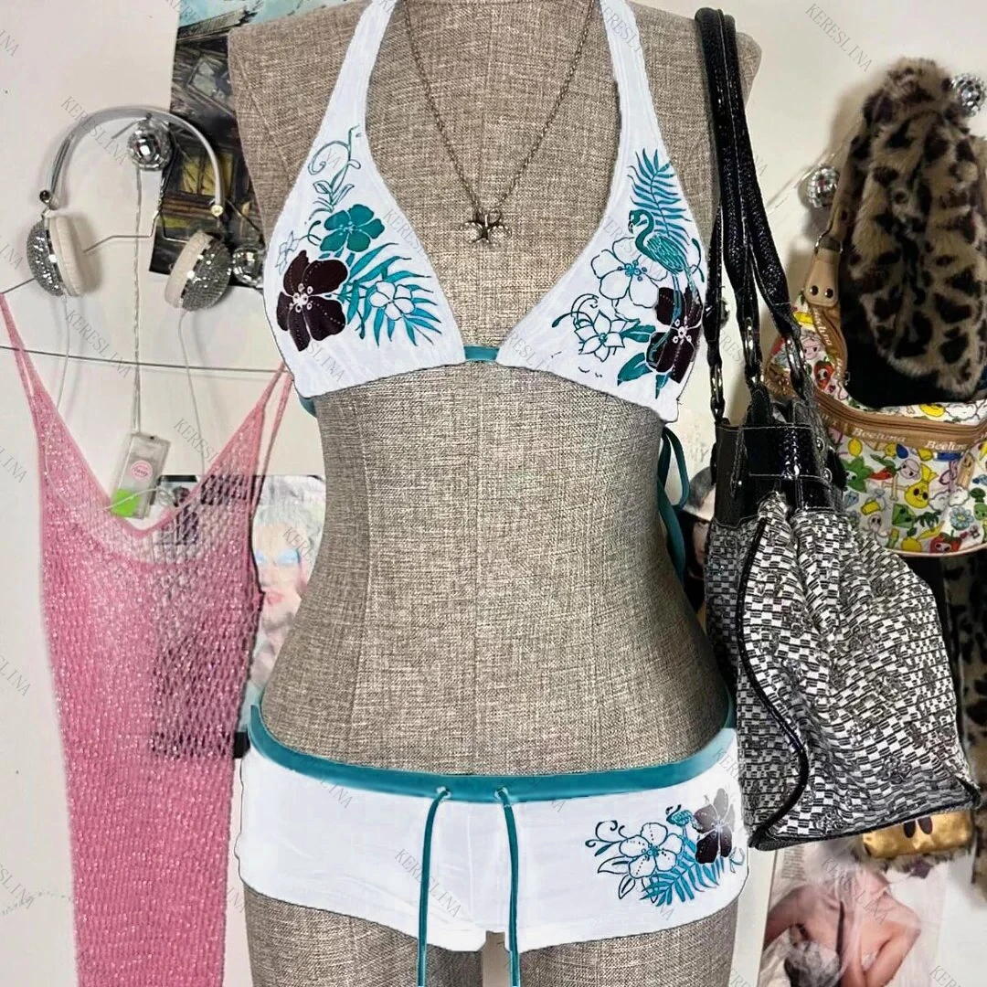 Y2K Vintage Floral Bikini Set - Sexy Halter Swimwear for Women