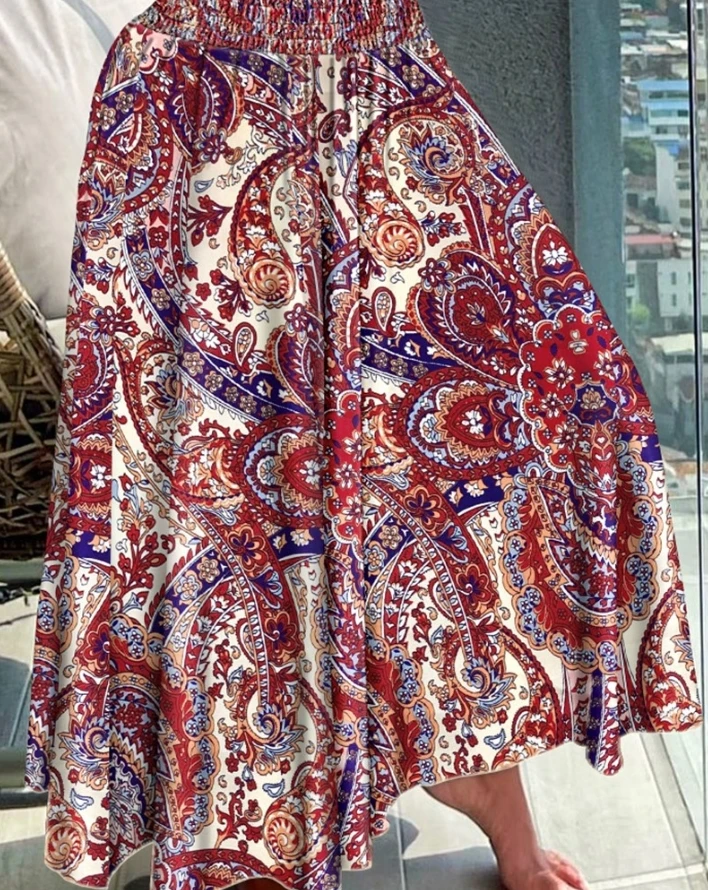 Women's Boho Pants 2024 Summer Fashion Floral Print Paisley Tribal High Waist Shirred Vintage Wide Leg Pants Trousers Vacation