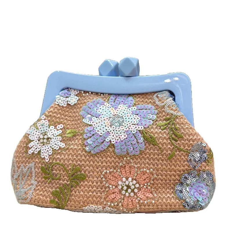 Women Embroiry Evening Sequins Handbag Vintage Flower Straw Beach Handbag Weaving Satchel Bag Ladies Summer Daily Bag