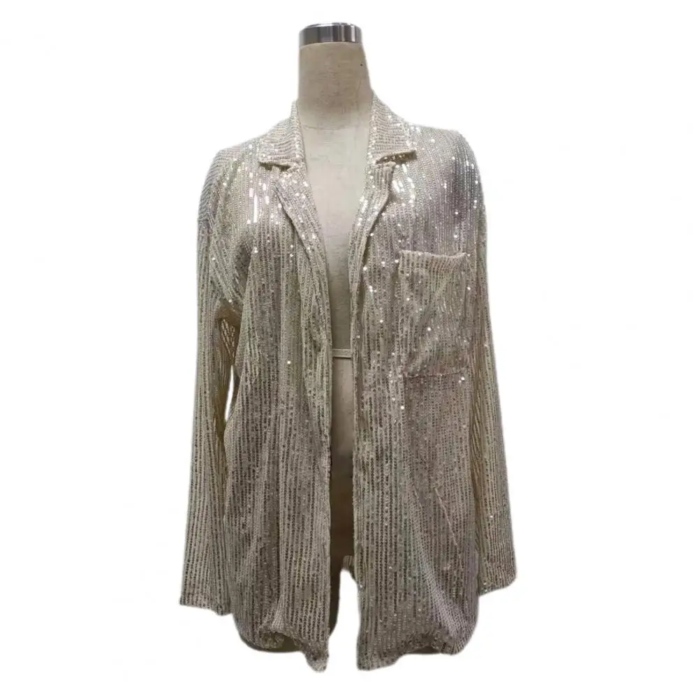 

Cocktail Party Blouse Sequin Lapel Cardigan for Women Shiny Performance Club Party Top Soft Loose Solid Color Shirt for Her