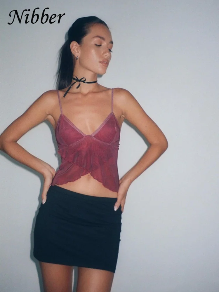Nibber Mesh See Through Printed Vest Women Sexy Casual V-neck Sleeveless Suspender Camisole Patchwork Tank Top Streetwear