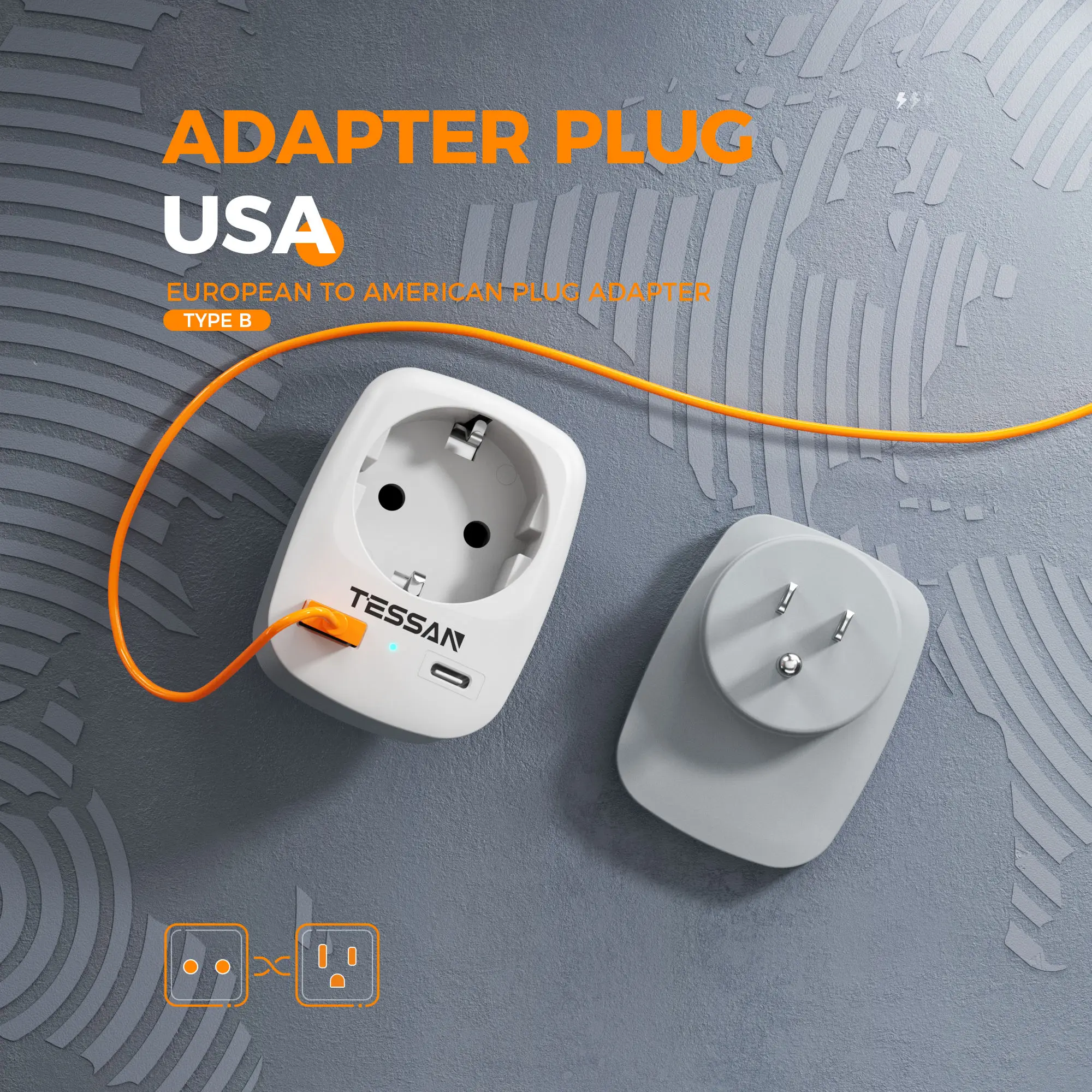Plug Adapter Power Plug Adapter TESSAN Travel Adapter USA with 1 USB +1 Type C EU to US Adapter USA Socket Adapter for Thailand Canada Travel Plug Type B
