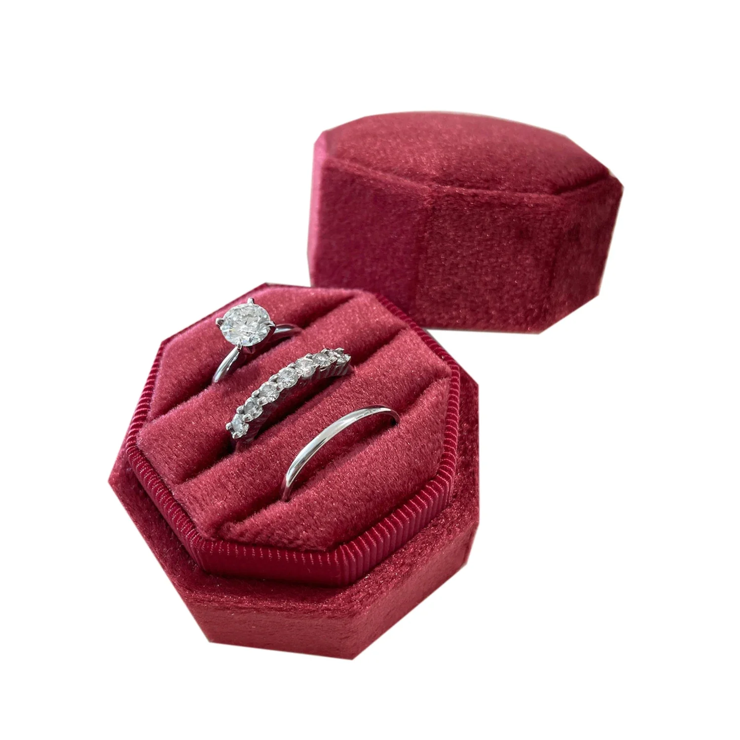 Octagon Velvet Jewelry Box Muti Color Three Slots Double Ring Storage Case Wedding Ring Display for Woman Gift Earrings Package kraft paper boxes