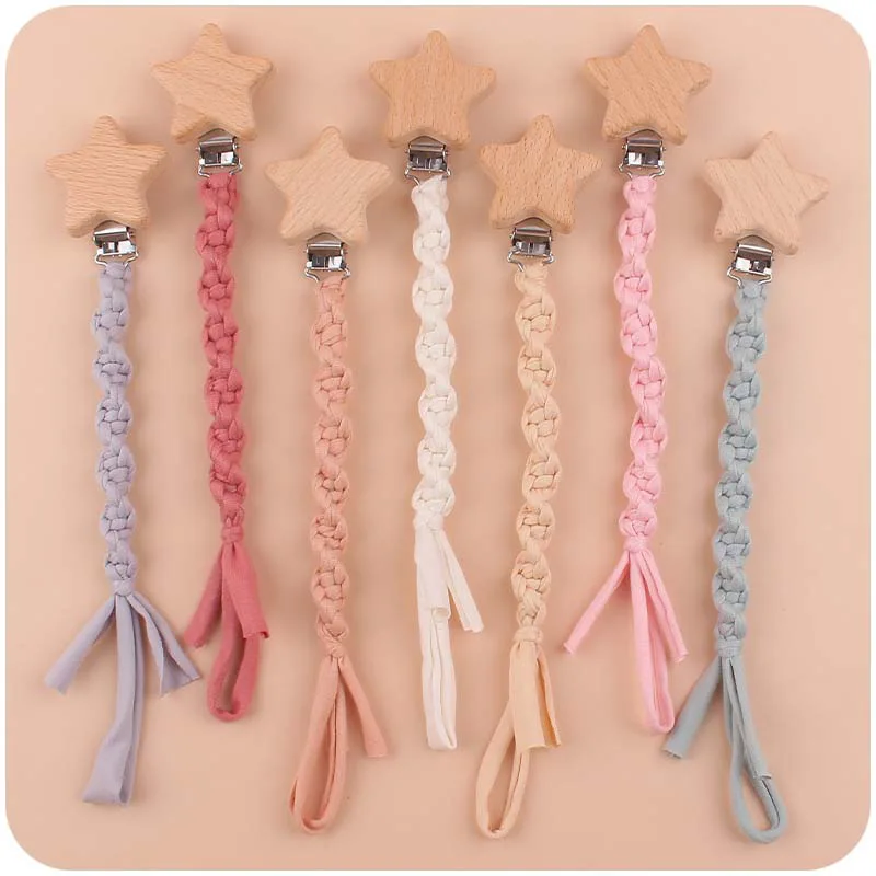 Baby Beech Wood Pentagram Pacifier Clip Handmade Woven Cotton Soother Nipple Chain For Baby Nursing Teether Chewing Toys Gift 2