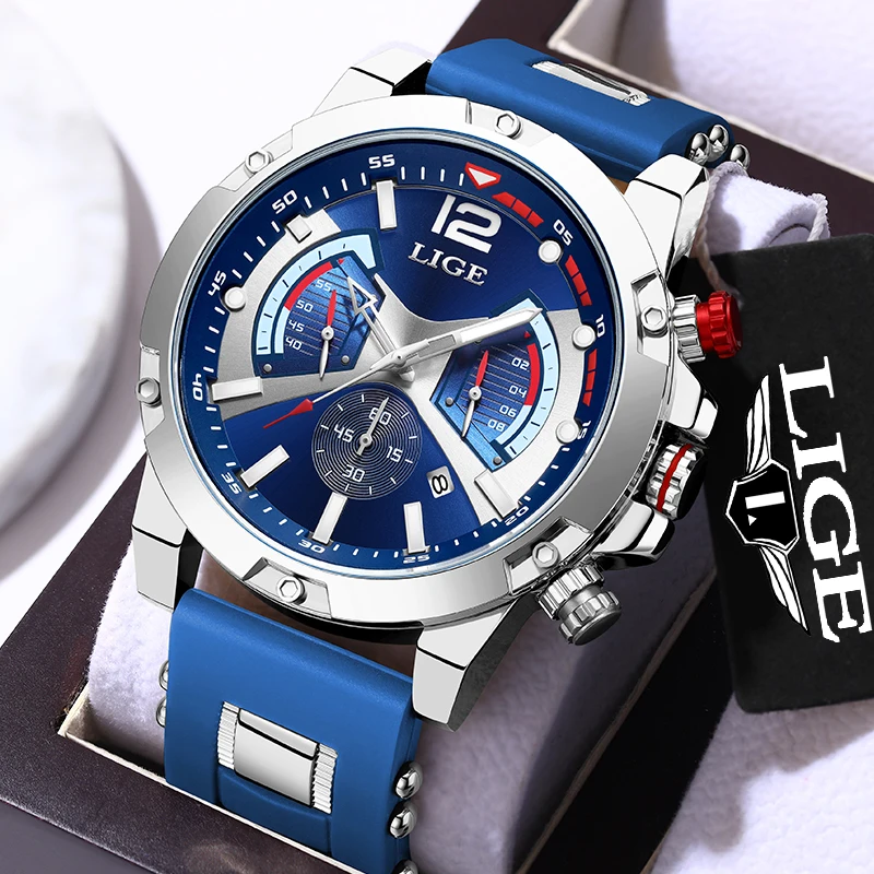 

Часы LIGE Мужские кварцевые с хронографом, роскошные спортивные водонепроницаемые светящиеся наручные, в стиле милитари, с датой, с коробкой