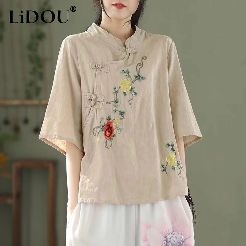 2023 Summer Vintage Round Neck Half Sleeve Chinese Style Shirt Women Slant Opening Frog Embroidered Temperament Cotton Hemp Tops 3 8cm wide temperament shoulder strap diy line flower pattern universal fashion durable precision woven slant shoulder straps