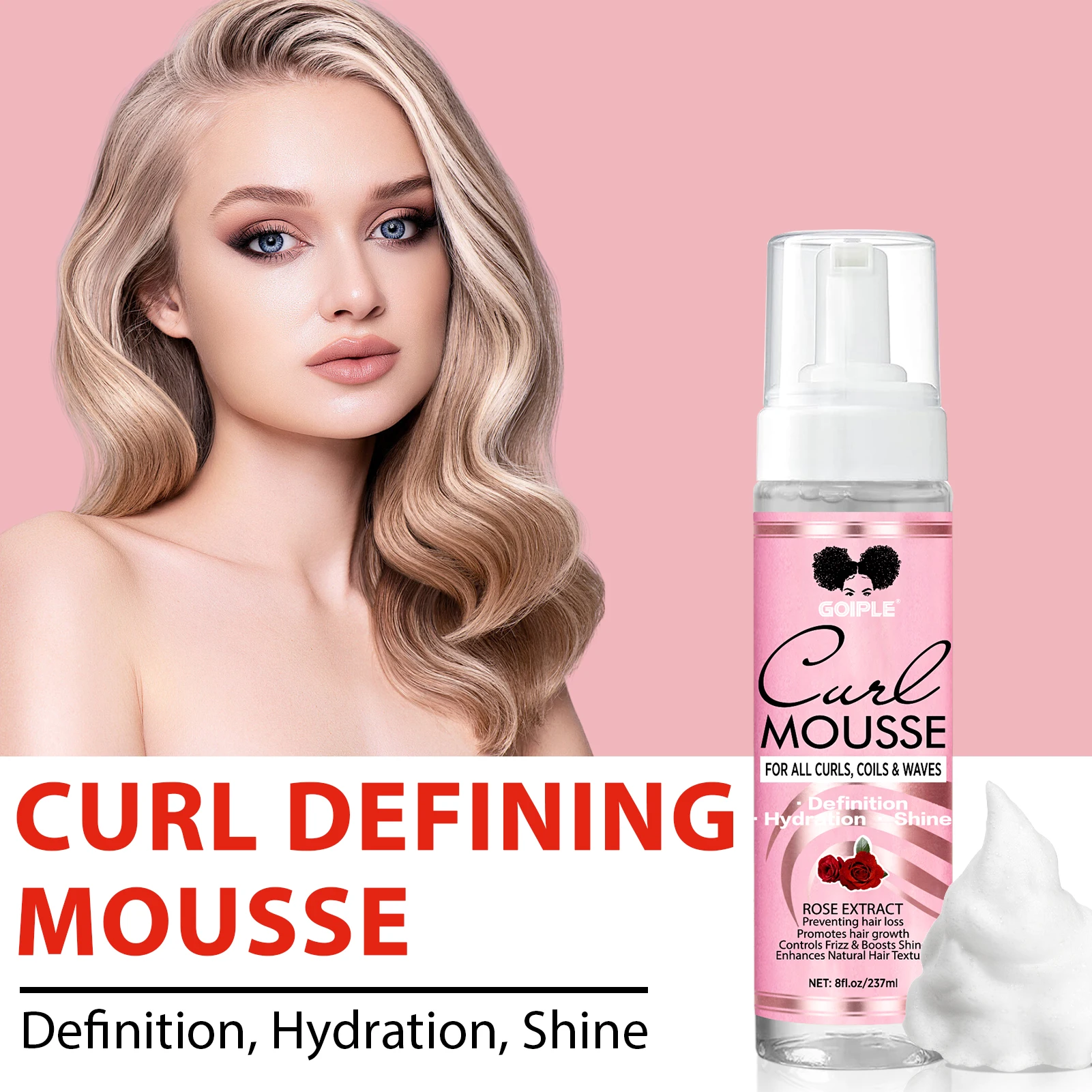 GOIPLE 237ml Natural Rose Extract Curl Mousse Defining Shine Hydrates Control Frizz Wave Enhance Curls Texture Hair Styling Foam