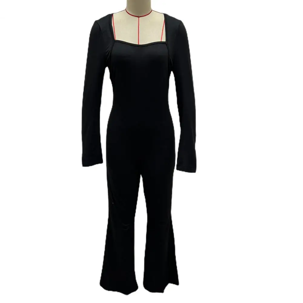 

Sexy Jumpsuit Flattering Women's Long Sleeve Jumpsuit Stylish Low-cut Neck Tummy Control Flared Hem for A Slimming Effect Skinny