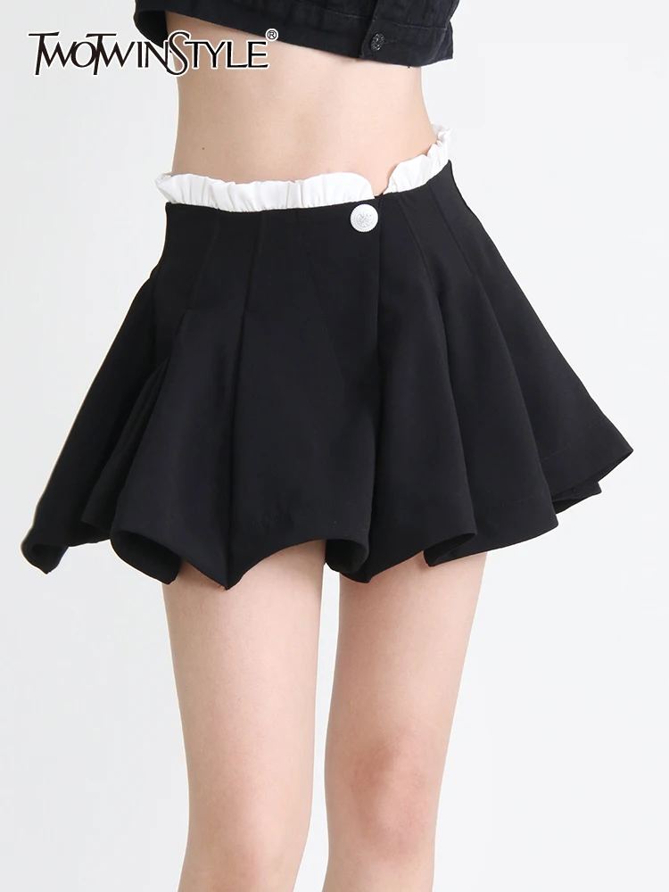 

TWOTWINSTYLE Pleasted Solid Skirts For Women High Waist Patchwork Button Casual Loose A Line Skirt Female Fashion Clothing 2023