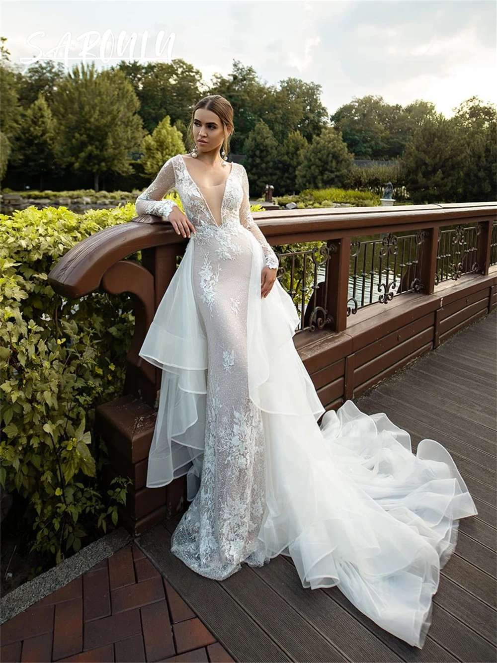 2in1 Mermaid Bride Dress Sexy V Neck Long Sleeves Women Wedding Dresses With Detachable Tulle Train Lace Appliques Bridal Gown