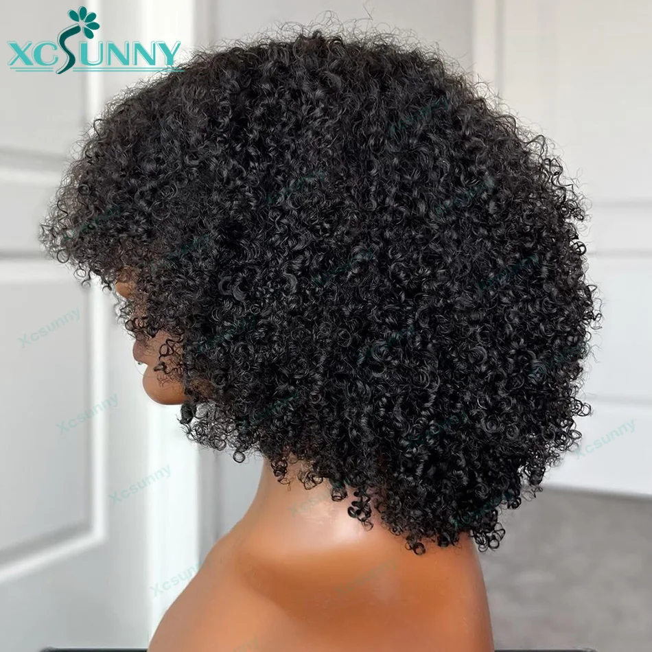 Bang Wig Human Hair Glueless Short Afro Kinky Curly Wigs With Bangs For Women Full Machine Made Curly Bob Wig Natural Color 2