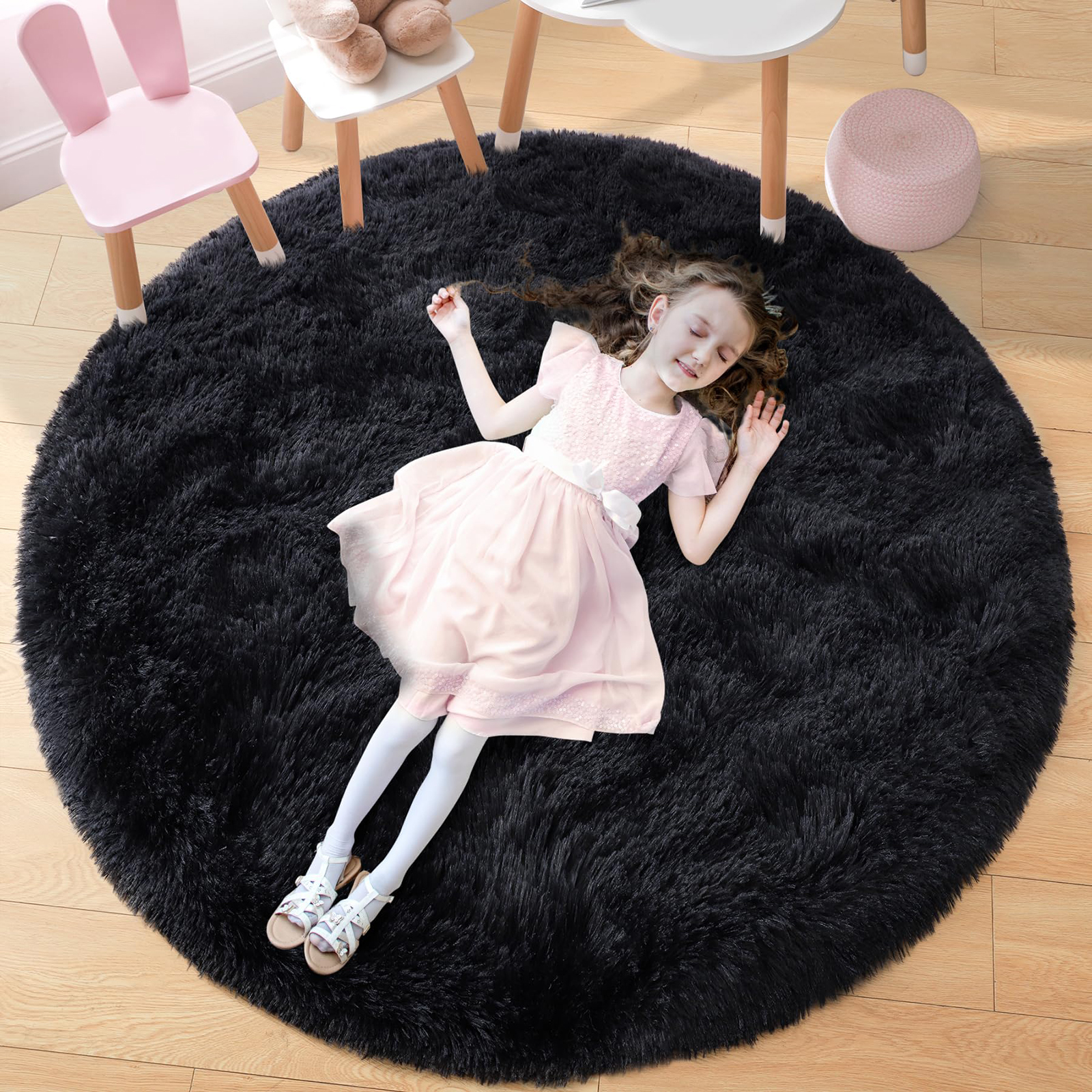 Fluffy Round Rug Black Rug For Bedroomfuzzy Kids Room Carpet Shaggy Living Room Sofa Area Rug Soft Nursery Floor Mat Home Decor