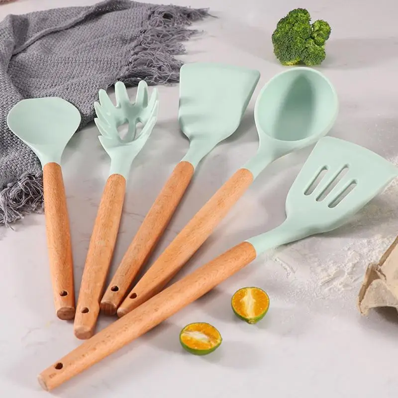Silicone Kitchen Utensils Set Non-Stick Cookware For Kitchen Wooden Handle Spatula Egg Beaters Kitchenware Accessories