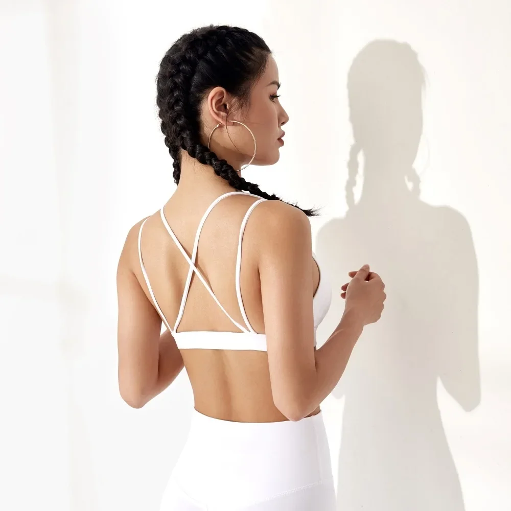 Sexy Fitness Yoga Bra White Sports Top New Sportswear For Women Gym Backless Cross Back Sports Bra Gather Breathable Running