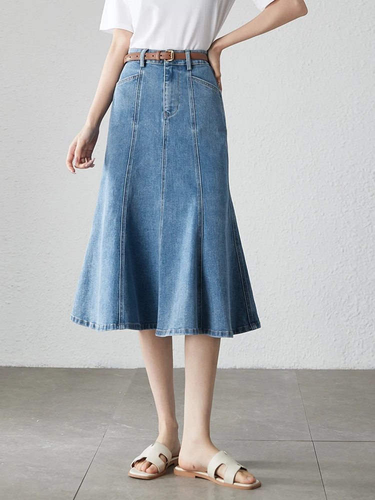 SENTUBILA Elegant Mermaid High Waist Denim Skirts Women 2023 Vintage Fashion Cotton Midi Ladies Trumpet Jeans Skirt W32Q50321