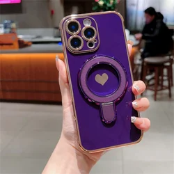 Magnetic Love Heart Stand Holder Phone Case with Plating - iPhone 15 Plus (Dark Purple)