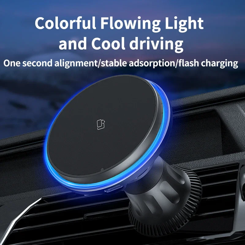 

Magnetic Car Phone Holder Wireless Charger for IPhone 15 14 13 Pro Max Fast Charging Car Charger Holder with Blue Light