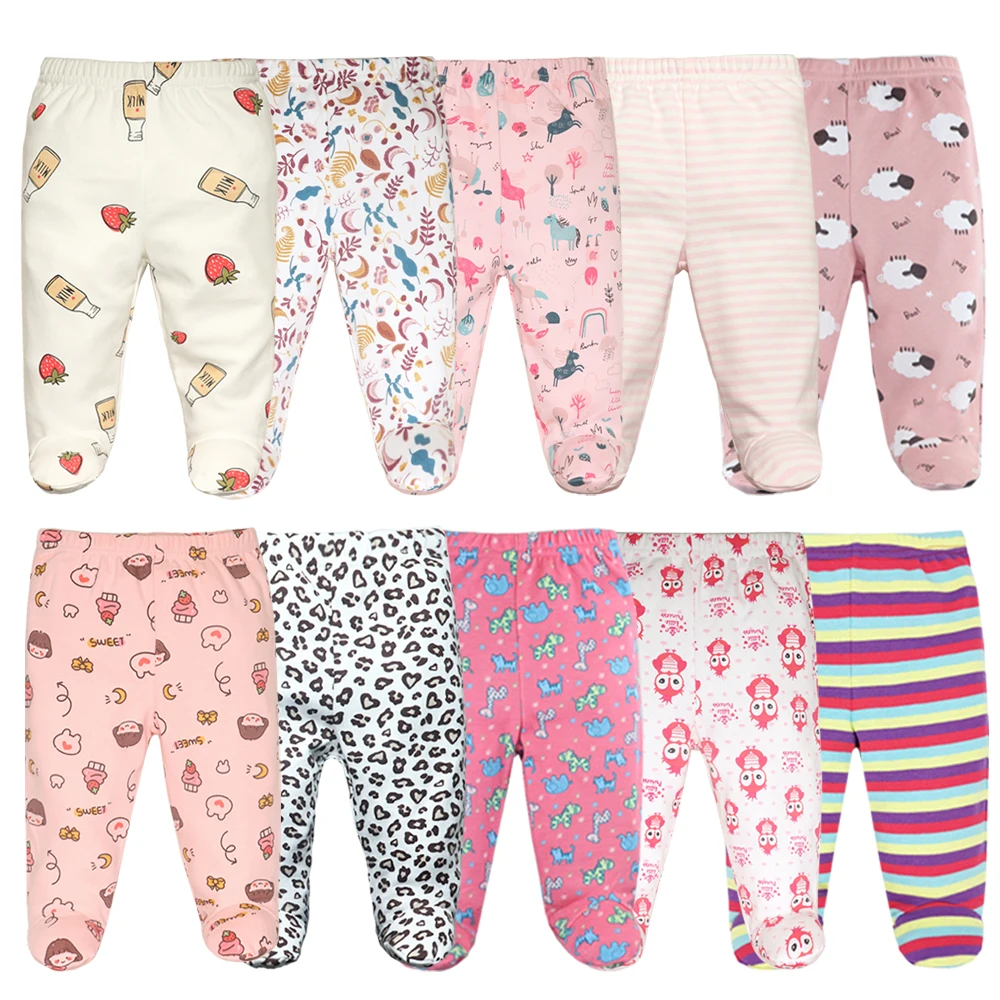 3PCS Cotton Newborn Baby Pants Cartoon Wrap Foot Long Trousers 0-12M For Girls Boys