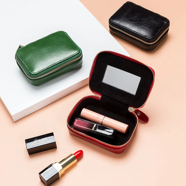 Lipstick Bag Genuine Leather Makeup Case Mini Purse Organizer Women  Cosmetic Bag Mirror Lipstick Pocket Coin Wallet Makeup Bag - AliExpress