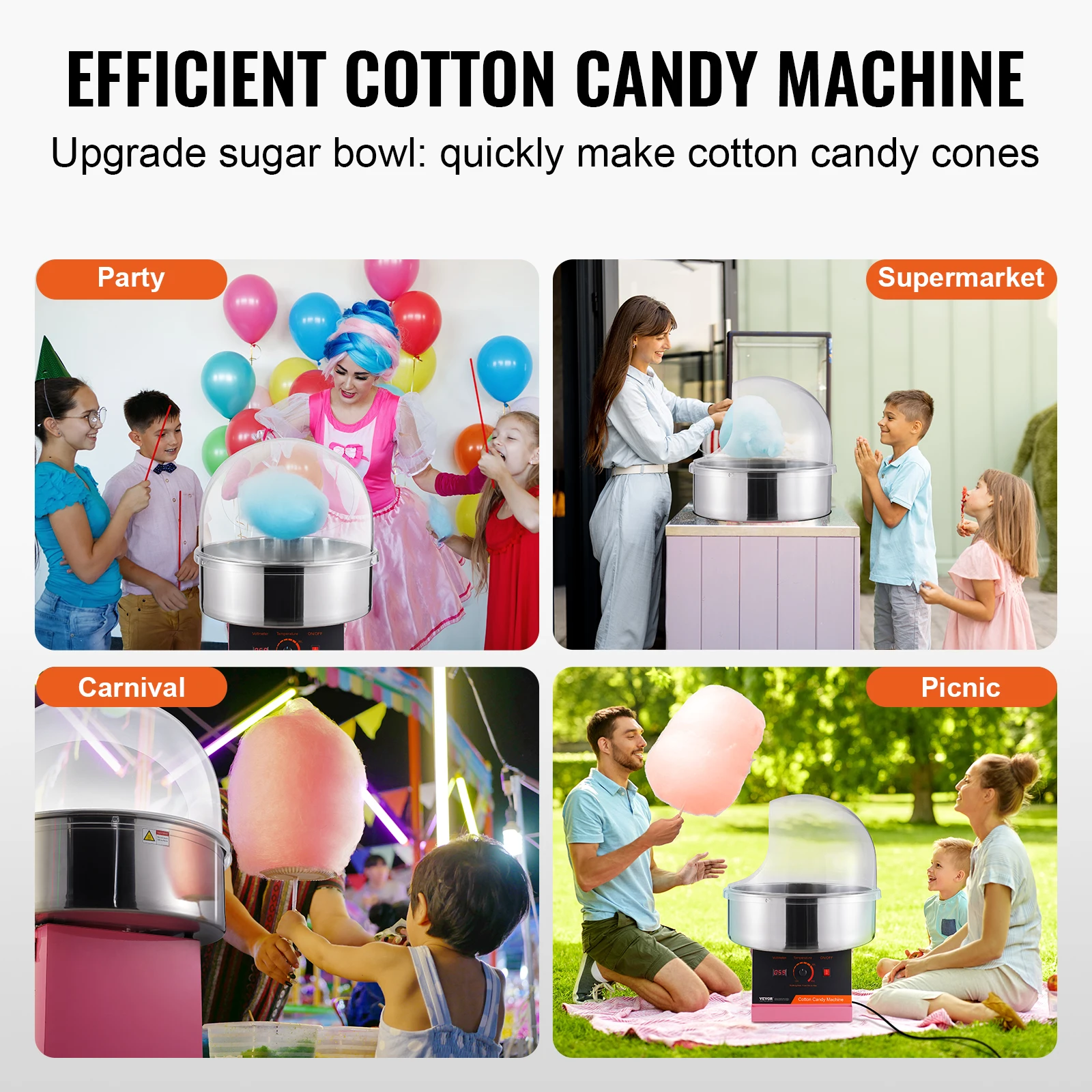 VEVOR Electric Cotton Candy Machine 1000W Candy Floss Maker Commercial Cotton Machine Stainless Steel Bowl and Sugar Scoop