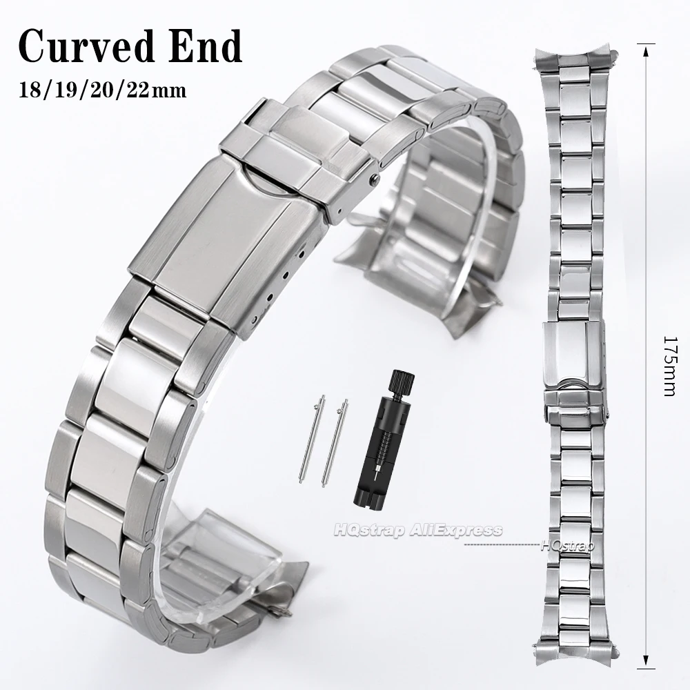 Elegant Curved End Stainless Steel Watch Strap with Folding Buckle
