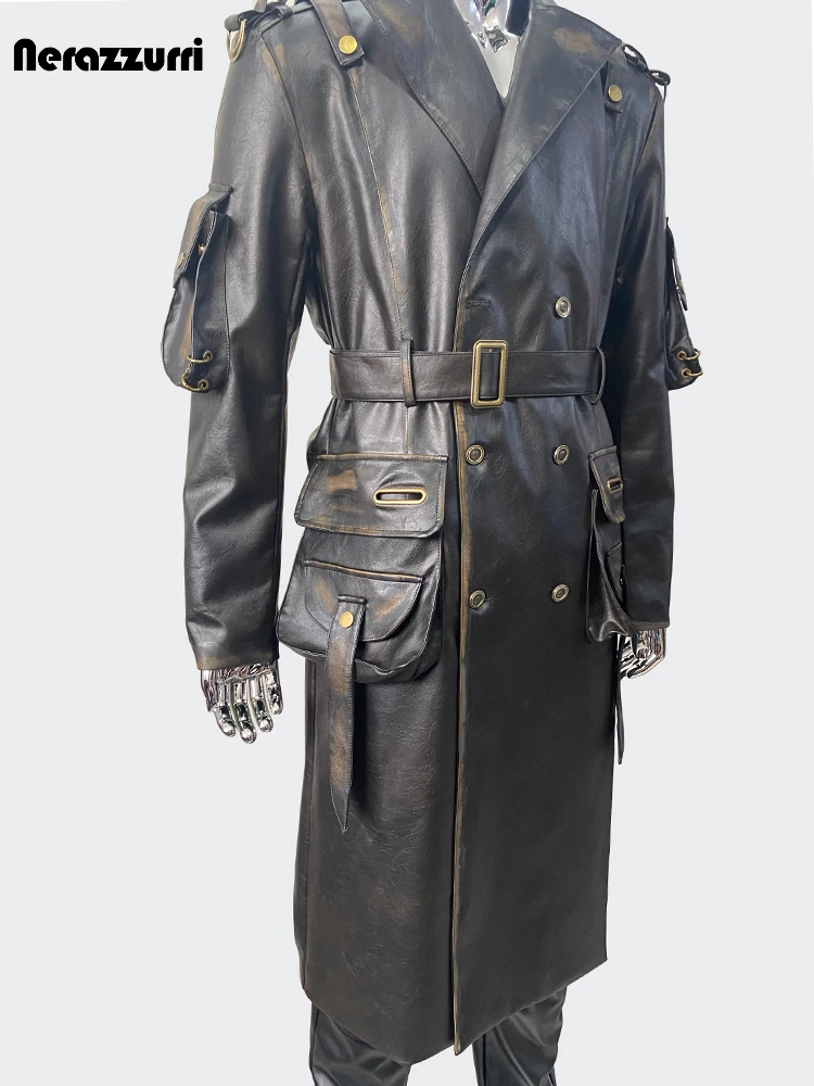 Nerazzurri Spring Autumn Cool Long Waterproof Distressed Black Pu Leather Trench Coat Men Belt Pockets Luxury Designer Clothes 3
