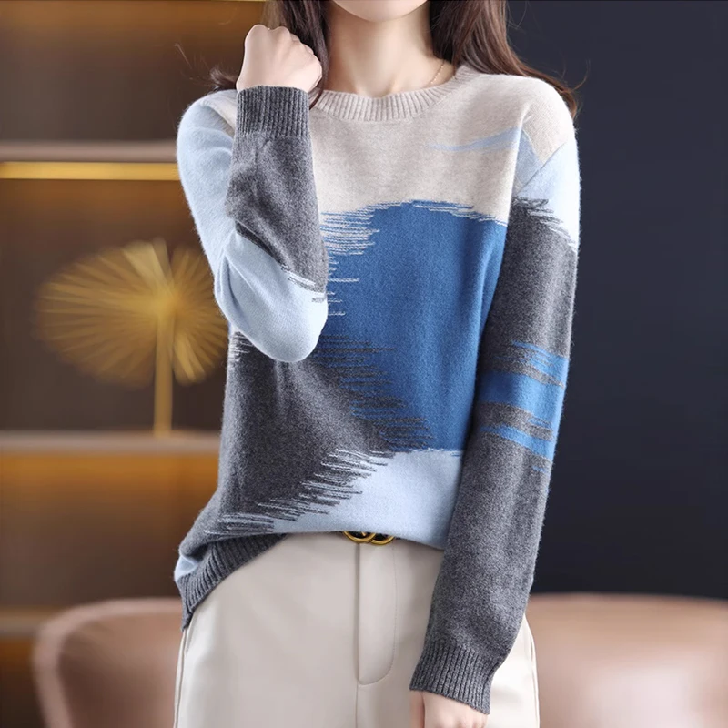 

Korean Style Wool Sweater Fashion Winter Knit Tops Loose Clothes Casual O-neck Pathcwork Color Pullover Cashmere Sweater 28229