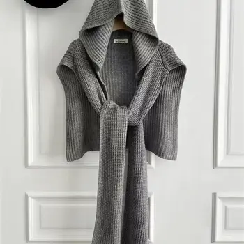 Sciarpa con cappuccio lavorata a maglia alla moda con senso del design in lana da donna Autunno e inverno calda e versatile 1