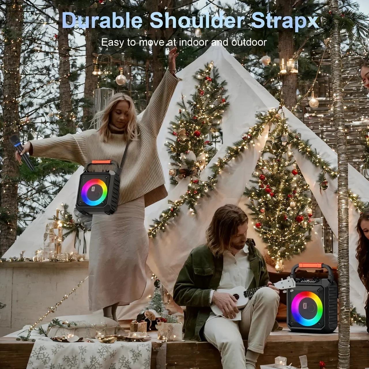 T17 Portable Karaoke Bluetooth Speaker That Young People Like, Suitable for Live Broadcast, Family Party, Camping Style, Gift for Wife, with 2 Wireless Karaoke Microphones, Portable Bluetooth Speakers, Family Karaoke 0K System, with Rgb Colorful Lights 3