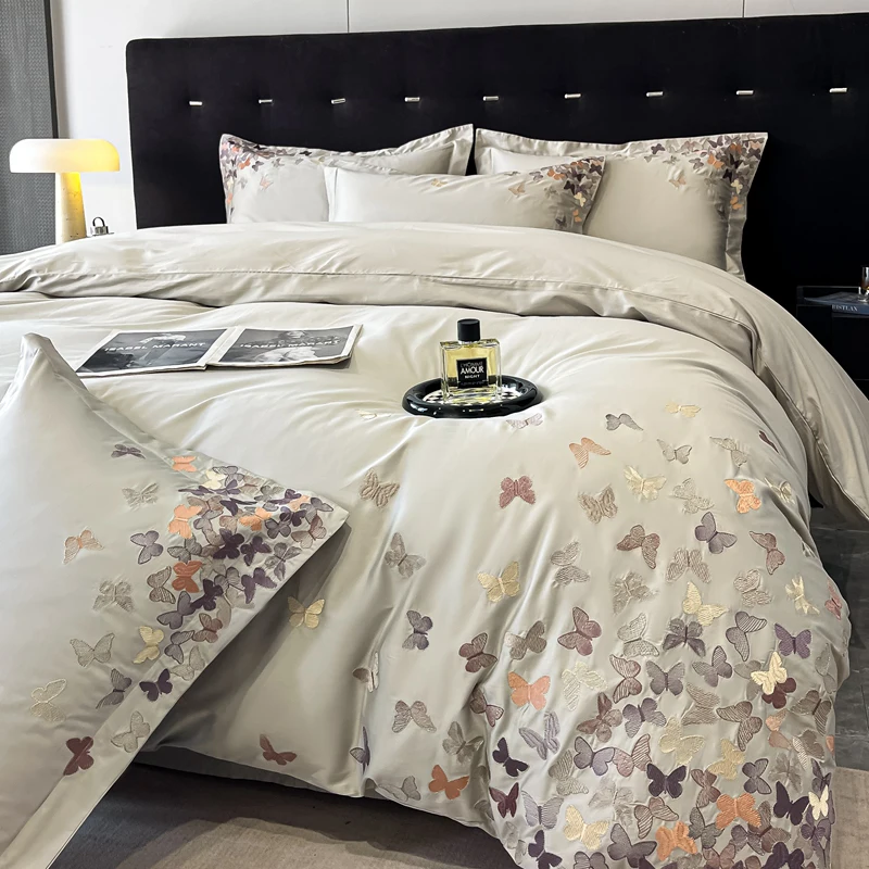 100% Cotton Luxury Butterfly Embroidery Bedding Set Queen King Size Duvet Cover Set Bed Sheet Fitted Sheet Pillowcases 4Pcs 3
