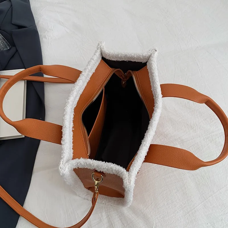 Solid Color Quilted Letter Print Crossbody Bag Women's Trendy Casual Style Plush Edge Detail Zippered Handbag Ideal Outings