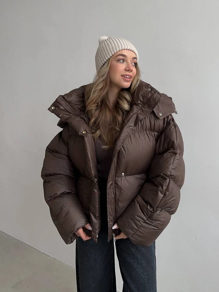 Winter Short Thick Hooded Puff Down Jacket Female Warm Loose Brown Jackets Women White Duck Down Zipper Parker Cotton Outwears