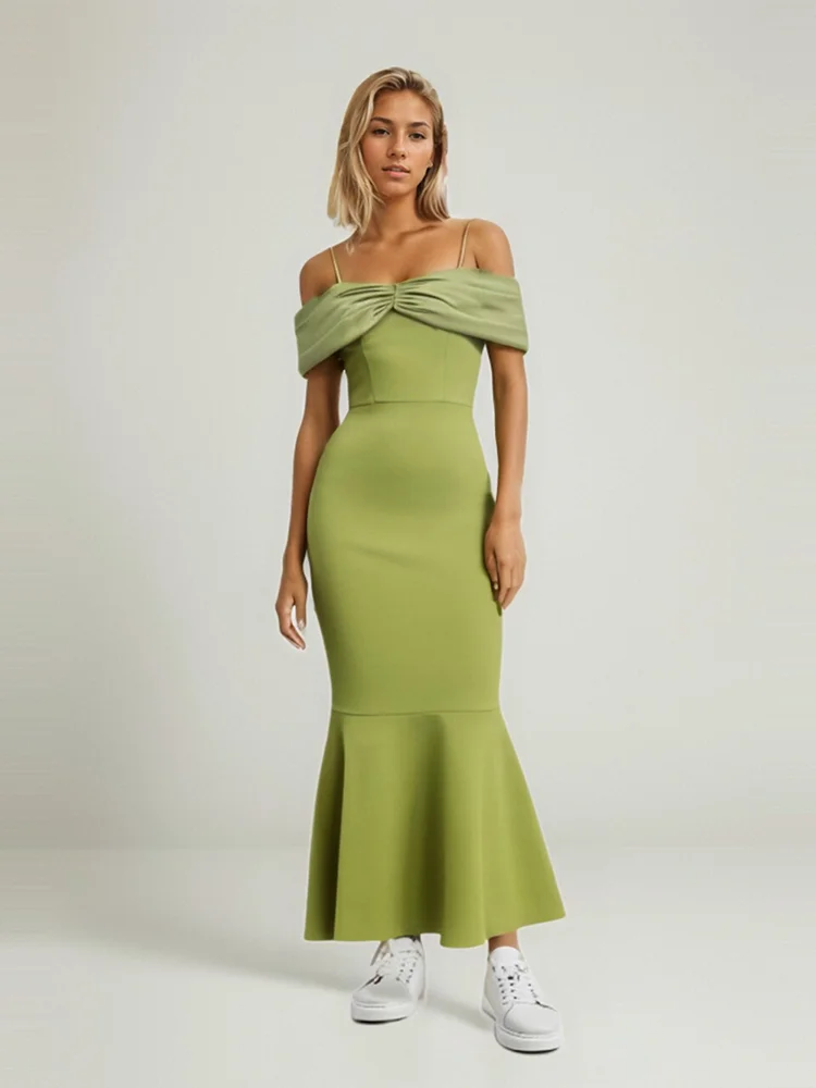 

Sexy Spaghetti Strap Off Shoulder Slim Dress Women Green Sleeveless Patchwork Sleeves Bodycon Long Dress Evening Party Vestidos