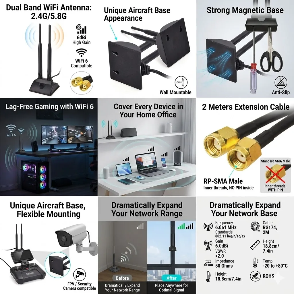 슈퍼뱃 6dBi 듀얼 밴드 WiFi 2.4G 5G 5.8G 고출력 무선 공유기 안테나 마그네틱 베이스 2M 연장 케이블 RP-SMA 남성용 PC용
