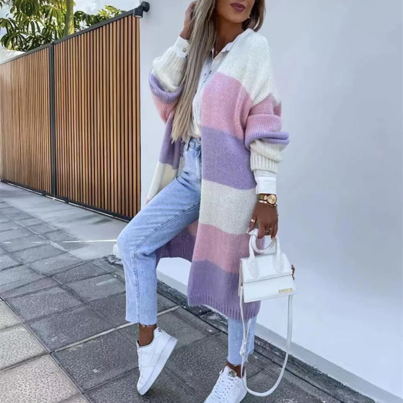 

Lady Loose Commuter Sweater Jackets Casual Knitwear Long Sleeve V-Neck Cardigans 2023 Autumn Fashion Striped Stitch Knit Coats