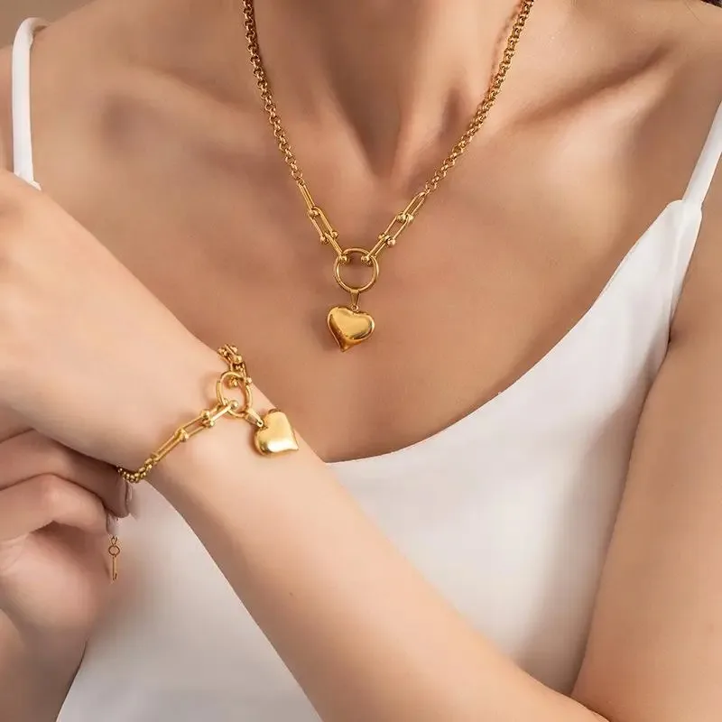 Vintage Stainless Steel Love Heart Pendant Necklace Bracelet for Women Luxury Non-Fading Party Jewelry Accessories