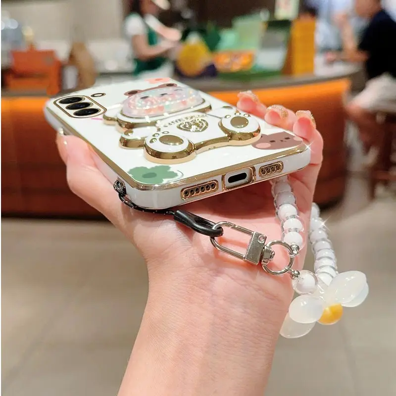 Charming Floral Bear Lanyard Phone Holder Case with Stand Feature