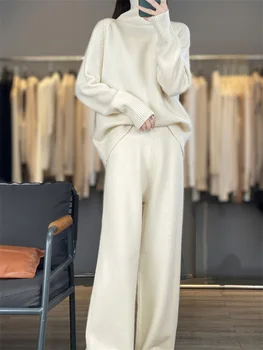 Women's matching set 100% Merino wool high neck solid color sweater casual knitted pants 2-piece set loose women's clothing 1