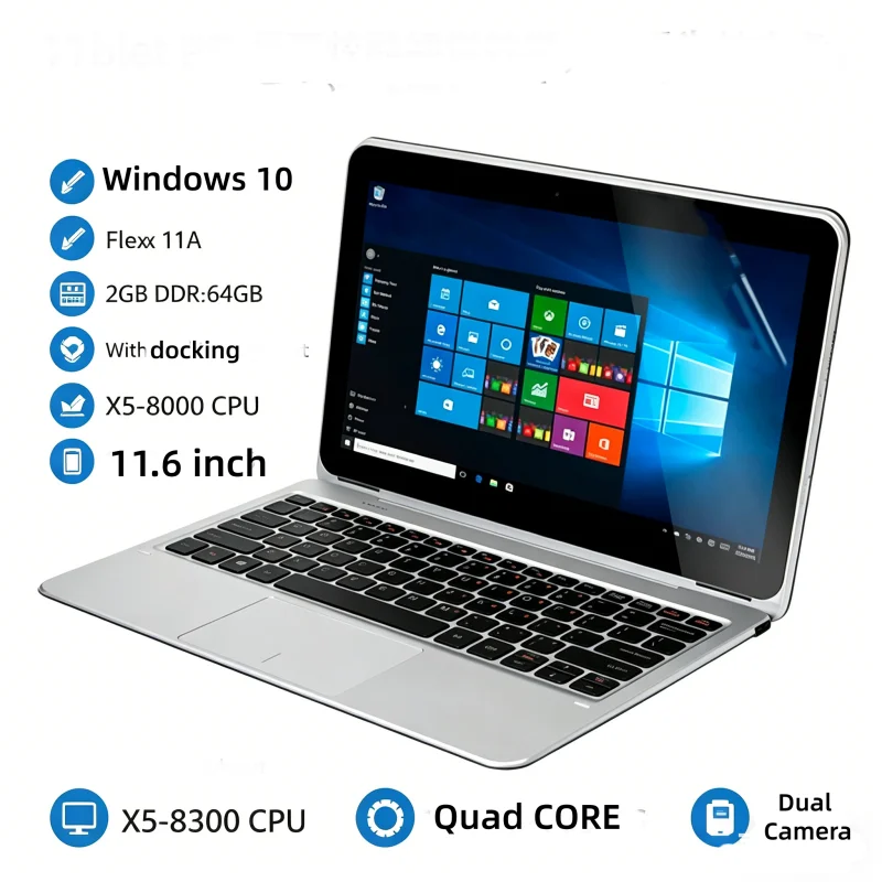 11.6' Tablet T10 Windows 10 Tablet PC Sales Flexx 11A 2GB DDR+64GB Docking Keyboard X5-8300 CPU Dual Cameras