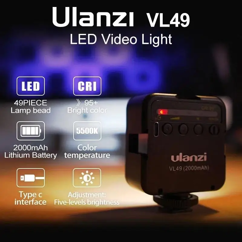 Ulanzi 미니 브이로그 LED 필 라이트, 사진 조명, 비디오 폰, 셀카 필 램프, VL49, 6W, 화이트, 2000mAh, 5500K 줌 조명