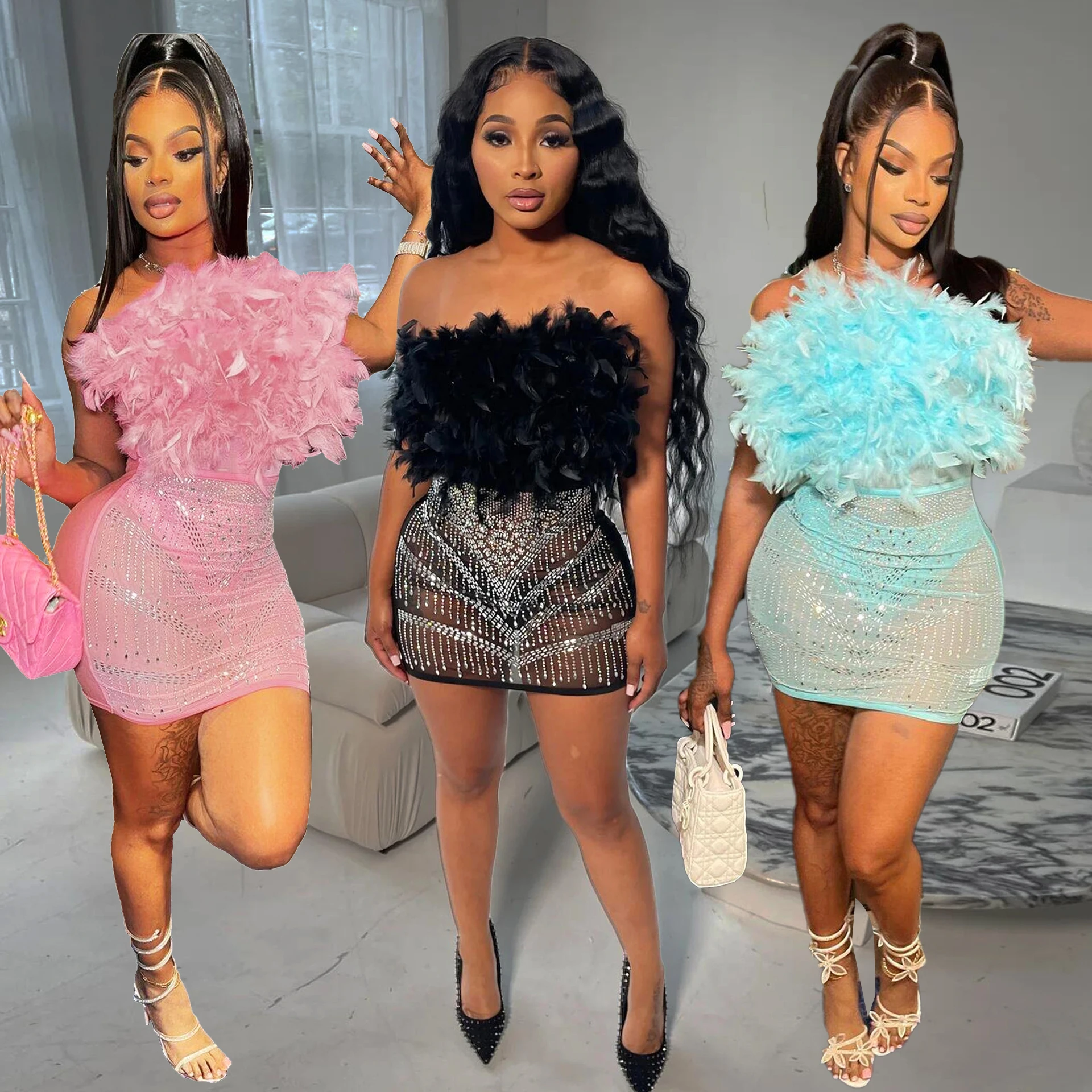 

Elegant Rhinestones Feather Patchwork Mini Dress Sexy Club Party Bodycon Evening Dresses Women 2023 Summer Luxury Black Vestidos