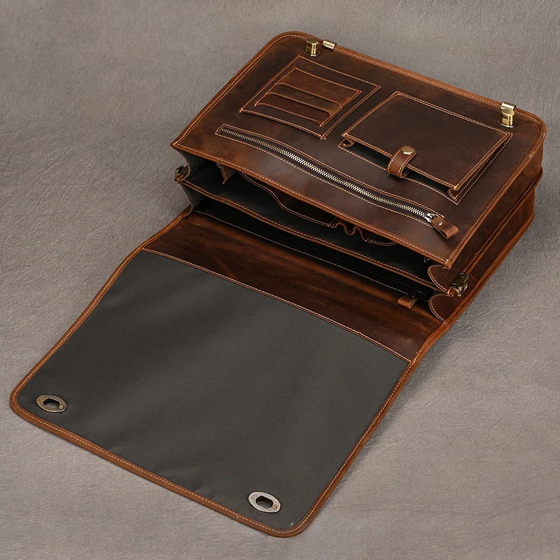 Top Grade Thick Genuine Leather Men Briefcase 15" Laptop Cow Leather Business Bag Tote Man Briefcase With Shoulder Strap 5